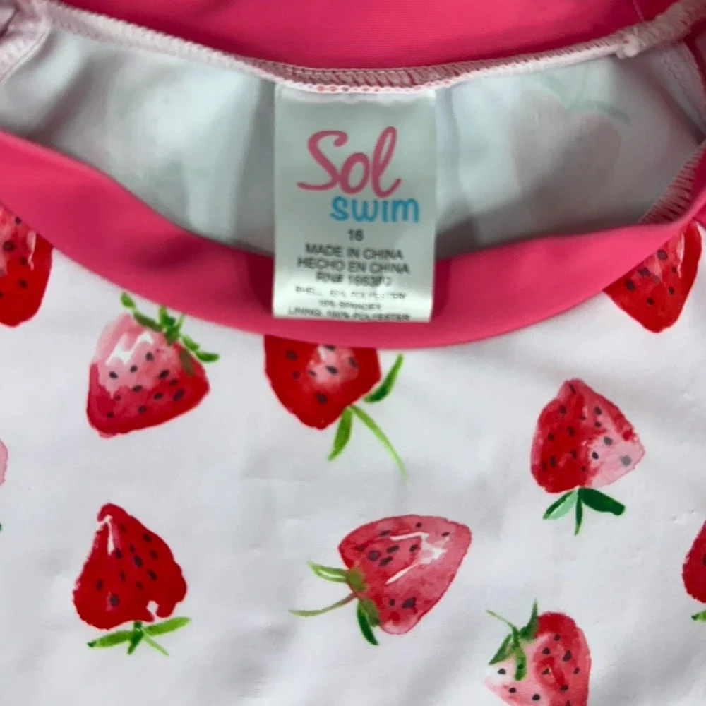 NWT Sol Swimsuit 2 Pc Rash Guard Set Girls Size 16 Top 14 Bottom Pink Strawberry